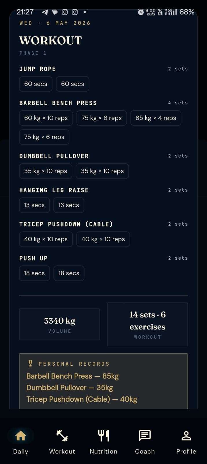 Avya workout screen