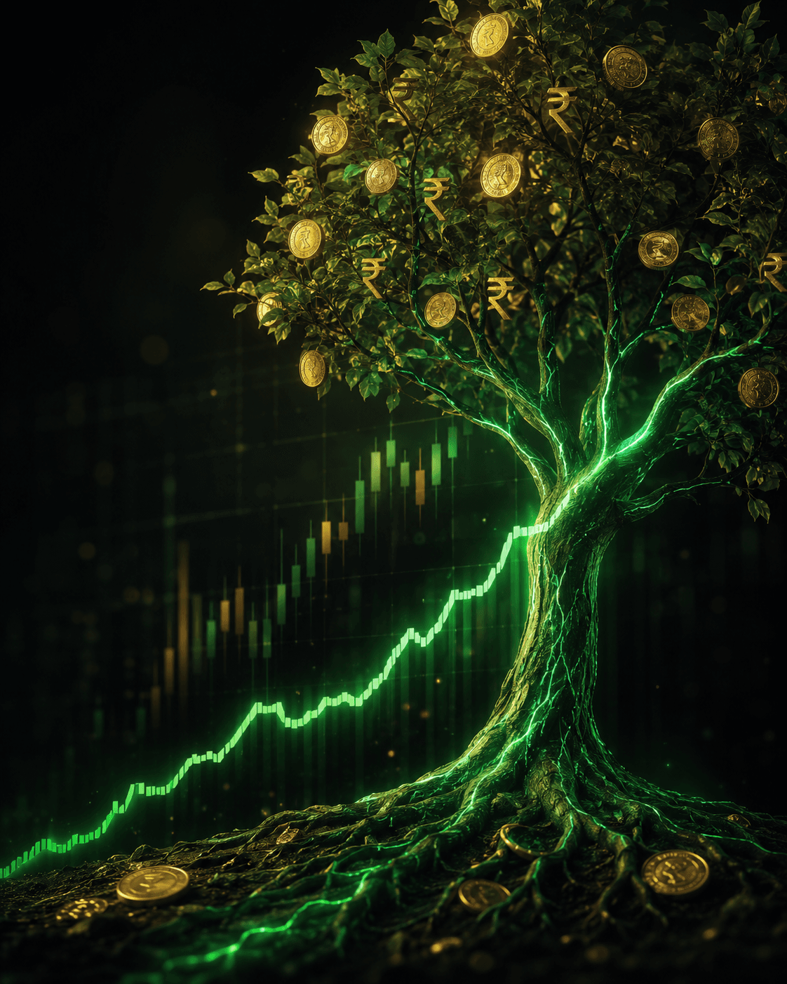 An investing growth graph rising into a tree that bears money